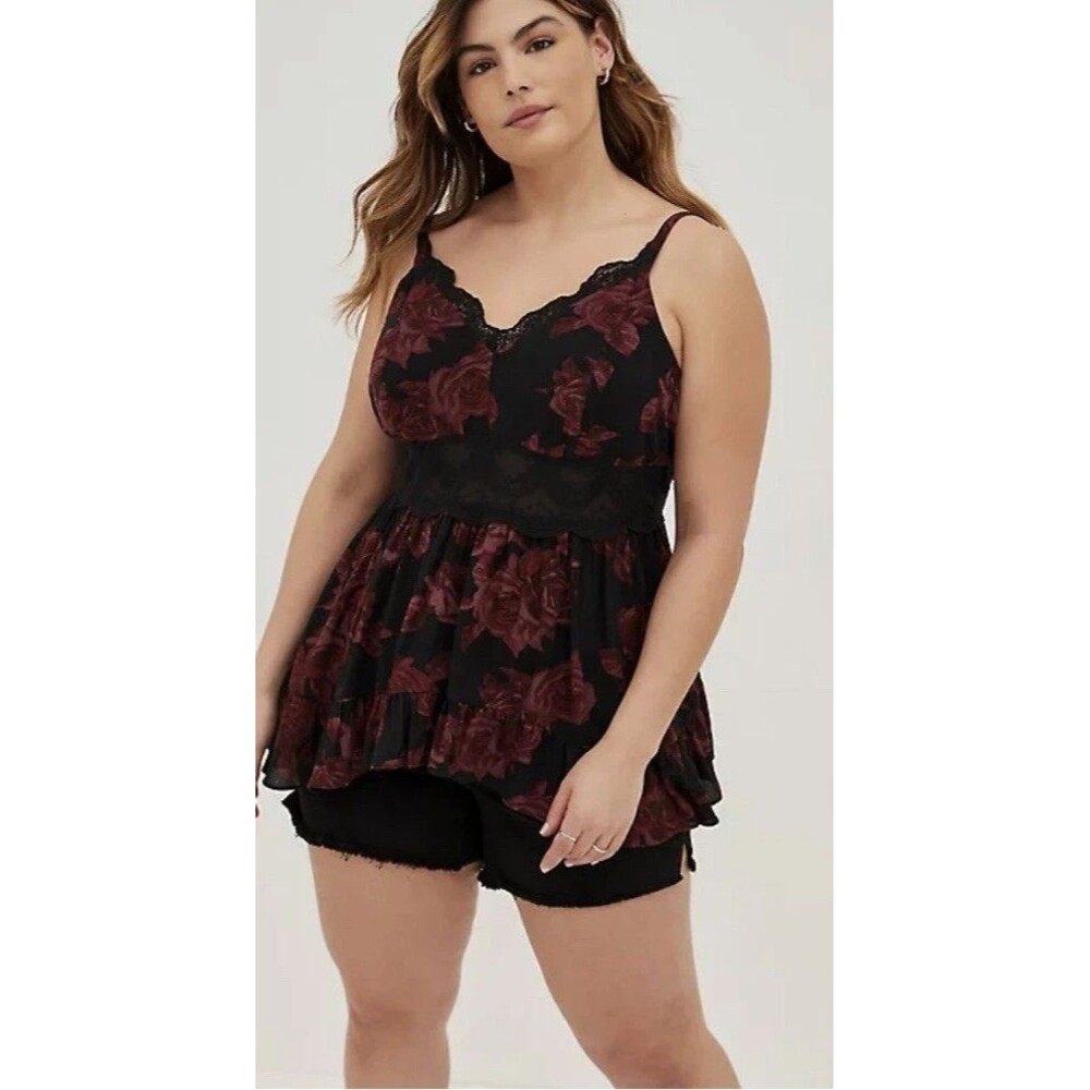 Torrid Babydoll Crinkle Gauze Floral Black Red Lace Trim Cami Tank Top Size 2